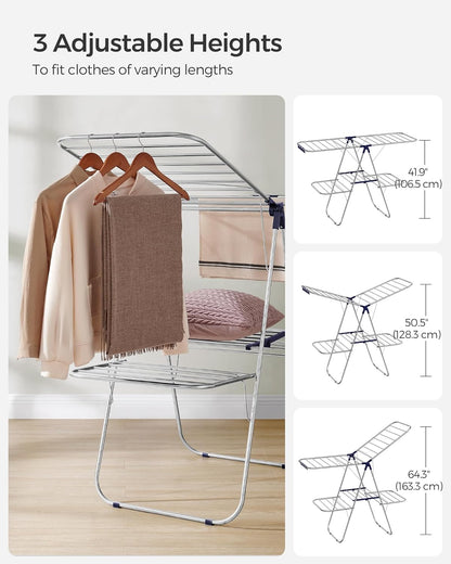 SONGMICS Clothes Drying Rack, Foldable 2-Level Laundry Drying Rack, Free-Standing Laundry Airer, with Height-Adjustable Wings, 33 Drying Rails, Sock Clips, Silver and Blue ULLR53BUV1