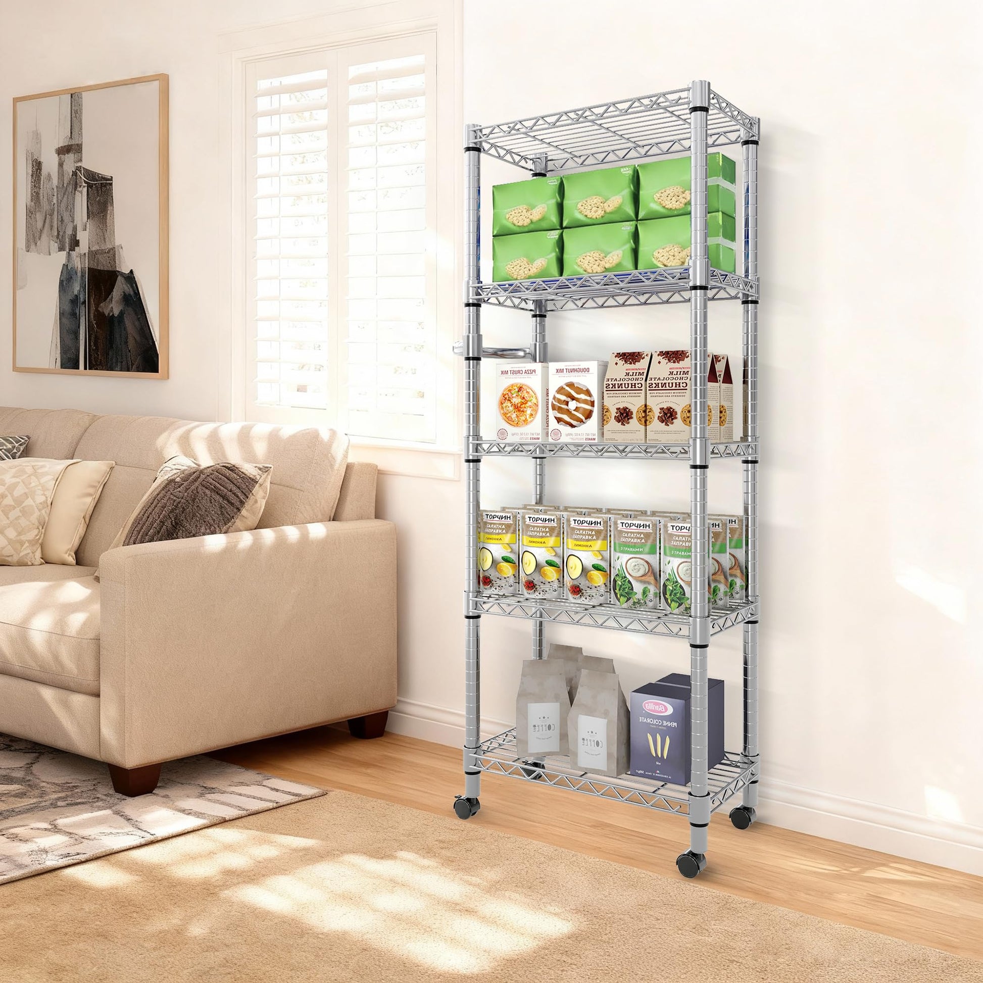 PeacefulHues 5-Tier Storage Shelves with Wheels and Adjustable Shelf, 1100 LBS Loading Capacity