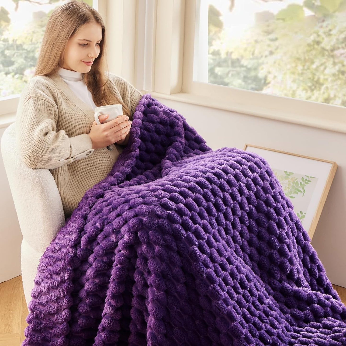 NEWCOSPLAY Super Soft Throw Blanket Purple Premium Silky Flannel Fleece 3D Clouds Stylish Jacquard Lightweight Bed Blanket All Season Use 350GSM (Purple, Throw(50"x60"))