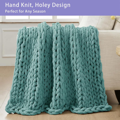 Bigacogo Chunky Knit Throw Blanket for Couch, 40x40 inches, 100% Hand Knitted with Thick Jumbo Chenille Yarn, Cozy Soft Large Rope Knot Cable Crochet Blankets for Sofa Bed Living Room, Light Teal