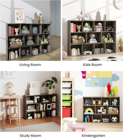 11-Cube Kids Toy and Book Storage Organizer – Wooden Cube Bookcase for Playroom and Nursery Organization, Baby Bookshelf and Kids Shelves for Room or Classroom, French Oak Finish