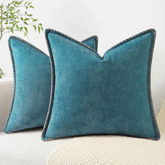decorUhome Chenille Soft Throw Pillow Covers 26x26 Set of 2, Farmhouse Velvet Neutral Decorative Euro Pillow Covers with Stitched Edge for Couch Sofa Bed Home Decor, Teal