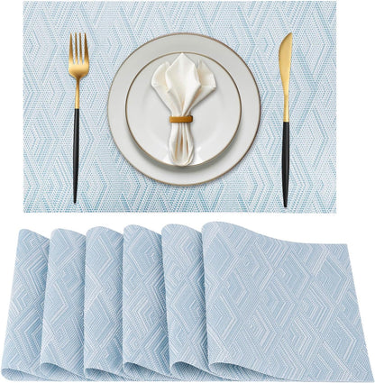 Vinyl Plastic Placemats Set of 6 Washable Heat Resistant Non-Slip Elegant Indoor Outdoor Kitchen Dining PVC Woven Table Place Mats (Sky Blue Rhombus)