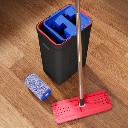 JOYMOOP Mop and Bucket with Wringer Set, Hands Free Flat Floor Mop and Bucket, with 6 Washable Microfiber Pads, Wet and Dry Use, Floor Cleaning System - Black+Red+Slate Blue