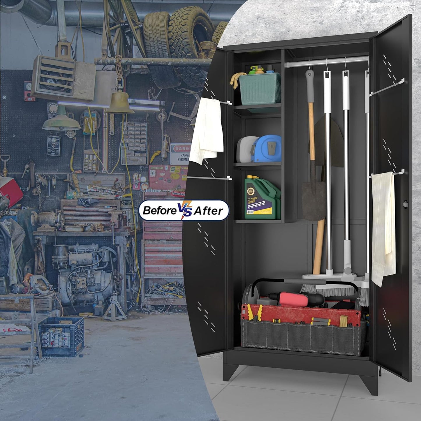 Metal Storage Cabinet with Lock Door, 75" Tall Garage Storage Cabinet with Hanging Rod, Broom Closet Bathroom Storage Cabinet, Cleaning Tool Cabinet