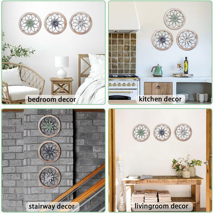 Paquesta 3 Piece Round Farmhouse Wall Decor with 6 Piece Interchangeable Flowers 12'' Medallion Wood & Metal Rustic Wall Art for Living Room Bedroom Kitchen Bathroom Dining Room Home Decorations
