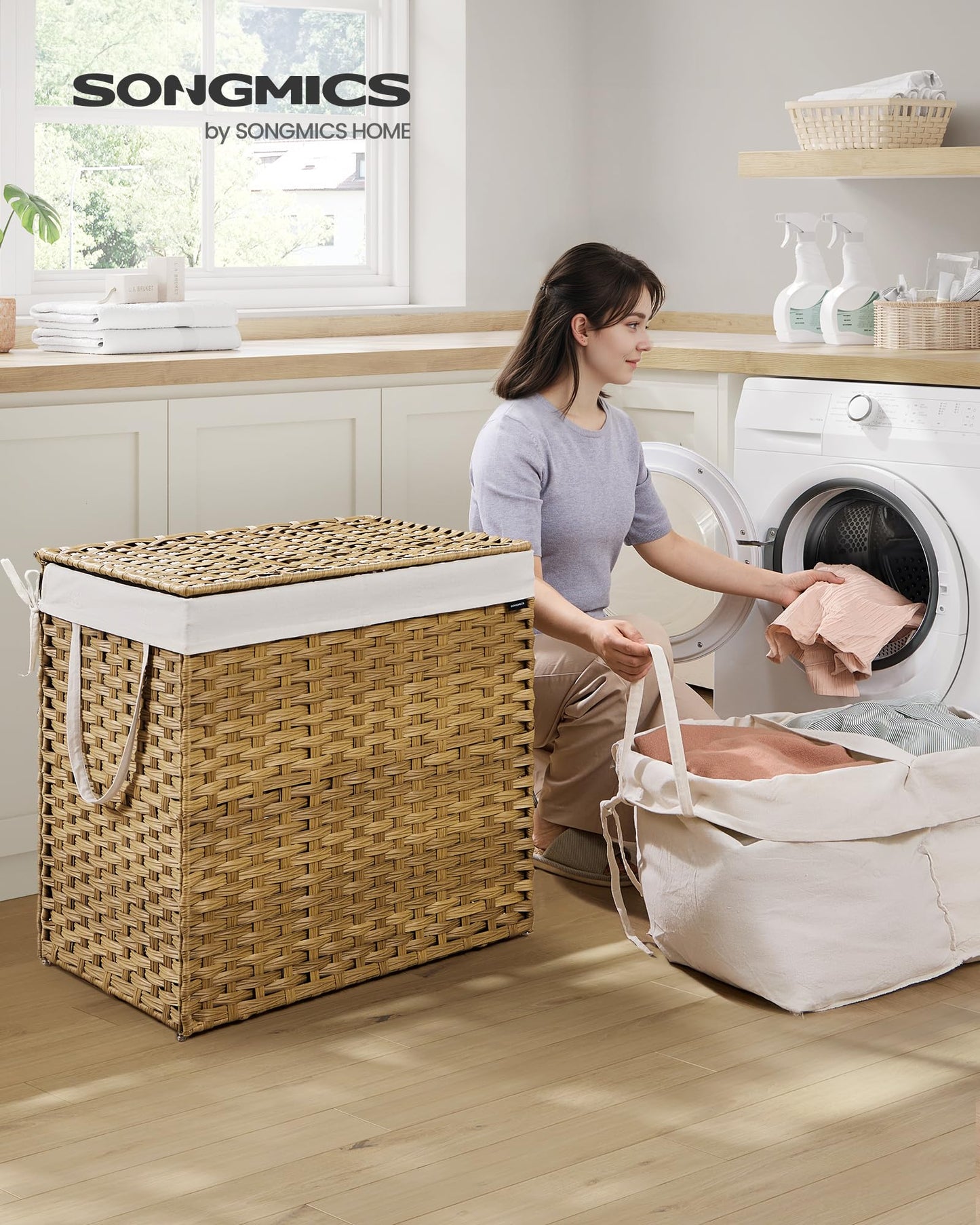 SONGMICS Laundry Hamper with Lid, 42.3 Gallon (160 L) Synthetic Rattan Clothes Laundry Basket with