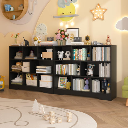 Book Shelf Set of 2, 8 Cubes Storage Organizer, 3-Tier Open Shelf Wooden Bookcase, Freestanding Balck Bookshelf Cube Shelf for Bedroom, Living Room, Home Office