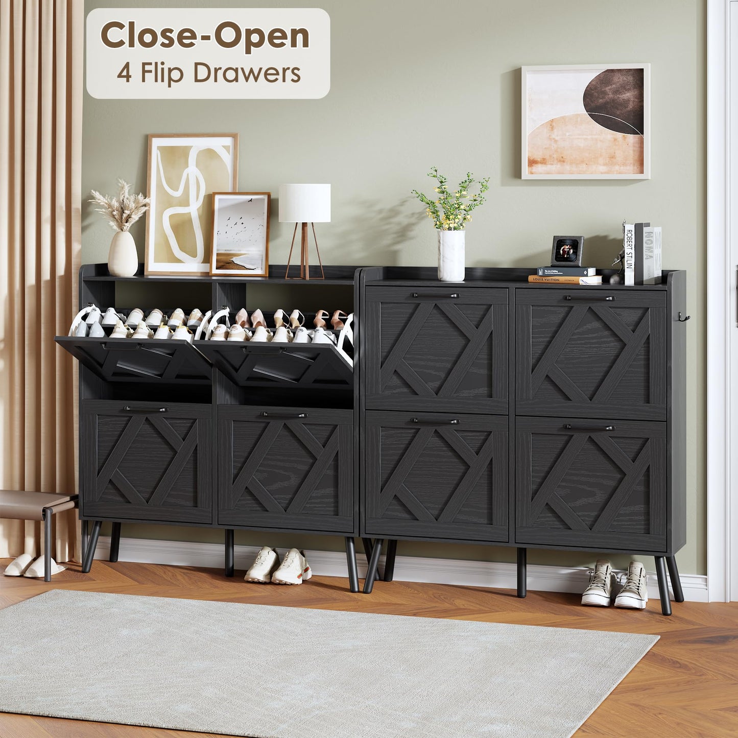 Nicetree Shoe Cabinet with 4 Flip Drawers, Hidden Shoe Rack Cabinet with Metal Legs, Farmhouse