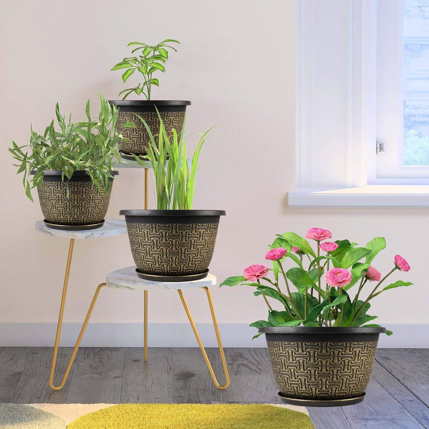 4 Pack 12 Inch Plant Pots,Large-Plant-Flower-Planters-Plastic, Flower Pots Outdoor Indoor with Drainage Holes & Trays, Retro Antique Imitation Decorative Garden Sets for Houseplants