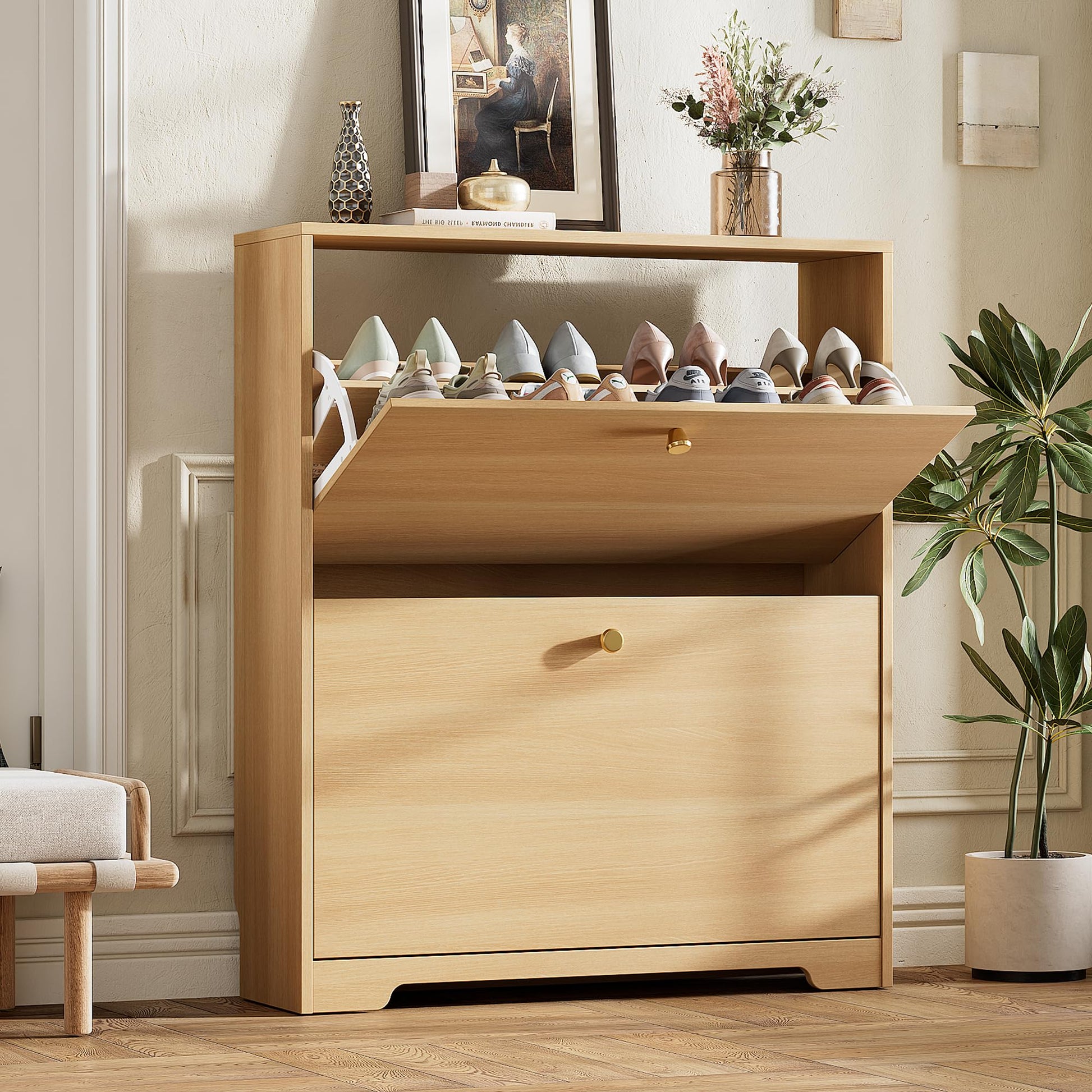 Nicetree Shoe Storage Cabinet with 2 Flip Drawers, Slim Shoe Cabinet, Hidden Shoe Rack Cabinet