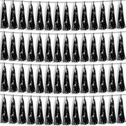 4P Black Foil Fringe Metallic Tassel Streamers Banner Tassel Garland for Parade Floats, Bachelorette, Wedding, Birthday, Halloween, Christmas, Bridal/Baby Shower Party Decorations