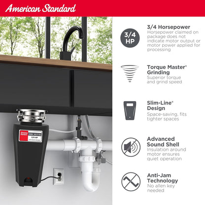 American Standard 10-US-AS-7-SL Garbage Disposal Anti-Jam Stainless Steel Food Waste Grinding System, Slim Line, 3/4 HP, Black