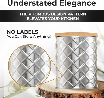 Pebble & Stem® Silver Stainless Steel Canister Set for Kitchen Counter, Food-Grade Canister Set of 4, Airtight Lids, Sugar and Flour Containers for Countertop, Coffee and Tea Storage, Farmhouse Decor
