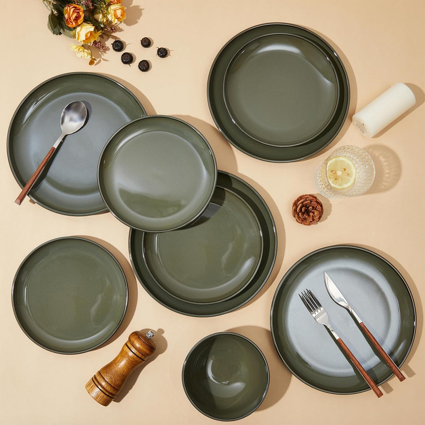 18 Piece Dinnerware Set for 6, Reactive Glaze Terracotta Plates and Bowls Set, Large Family-Sized Stoneware Dish Set for Gatherings, Chip and Scratch Resistant, Blackish Green