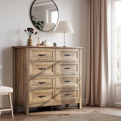 LINSY HOME Farmhouse 8 Drawers Dresser Chests for Bedroom, Wood Dresser Wide Chest of Drawers, Storage Dressers Organizer for Bedroom, Living Room,Hallway, SGS Certified
