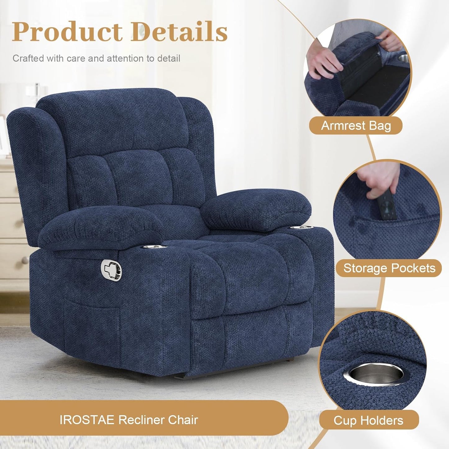 Recliner Chair for Adults, Oversized Fabric Manual Pull Tab Reclining Chair with Cup Holders, Minimalist Style Single Sofa for Living Room, RV (Blue)