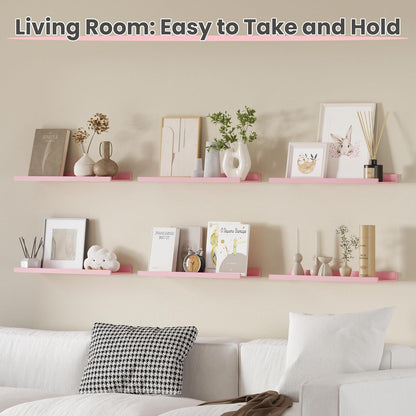 upsimples Pink Shelves for Wall, Kawaii Room Decor for Teen Girls, Bedroom, Living Room, Game Room, 6 Pack 23.6 inch Long Wall Mounted Wood Shelves for Picture, Plants