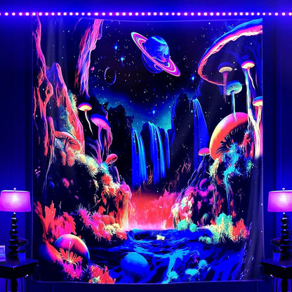 ADDWel Blacklight Mushroom Planet Tapestry, Black Fantastic Tapestry Glow In The Dark, UV Reactive Black Light Posters Wall Hanging for Bedroom Dorm Living Room Backdrop Decor