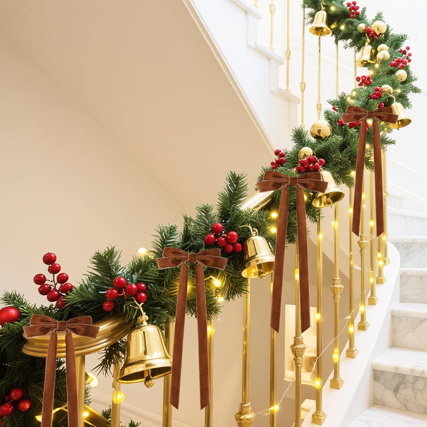 Senjie 10Pcs Large Velvet Christmas Tree Bows, 20in x 8in Premade Vintage Ribbon Tree Topper Bows Ornaments for Staircase Garland Wreath Holiday Home DIY Crafts Decorations, Light Brown