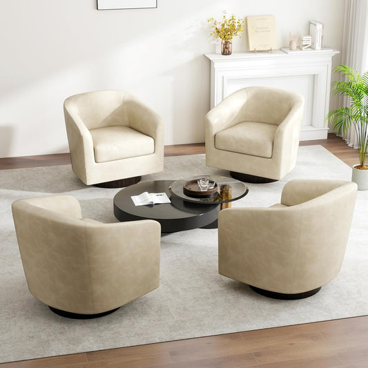 Swivel Barrel Accent Chair, Modern Round Faux Leather Arm Chair for Living Room, Bedroom, Comfy