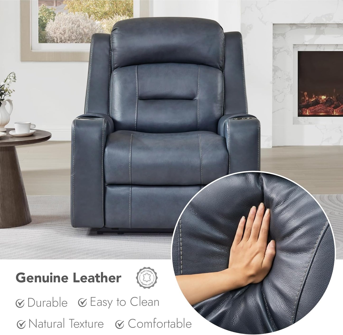 Watson & Whitely Genuine Leather Power Recliner Chairs for Adults, Lay Flat Recliner with Power Headrest, USB Ports and Cup Holders, Electric Reclining Sofa for Living Room, Bedroom, Navy