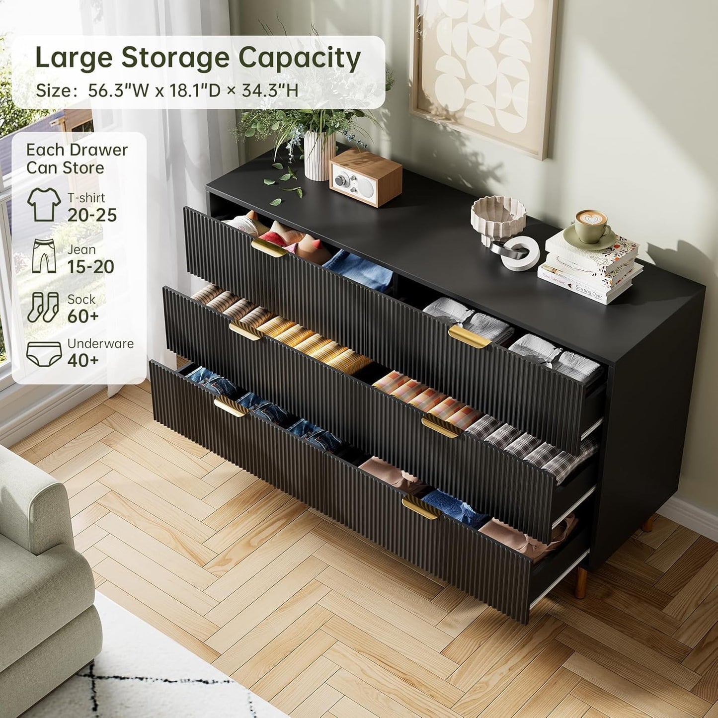 GAOMON 6 Drawer Dresser, Wood Chest of Drawers Organizer Storage with Gold Handle, Large Storage Cabinet, Modern Design Dresser for Bedroom, Living Room, Closet, Hallway, Entryway, Black