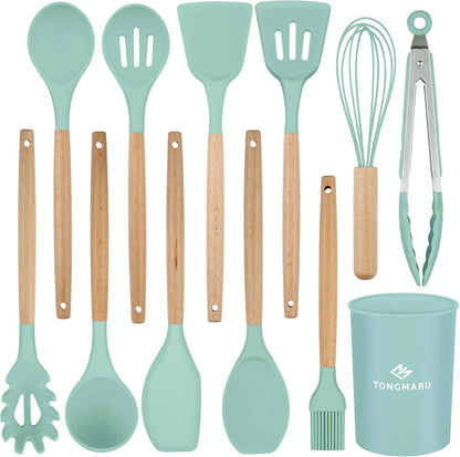Silicone Cooking Utensils Set, Premium Beech Wood Handle Kitchen Gadgets Utensil Set, Non-Stick Kitchen Utensils Spatula, Tongs, Turner, Whisk, Brush, Spoon, BPA FREE, 446°F Resistant (Mint)