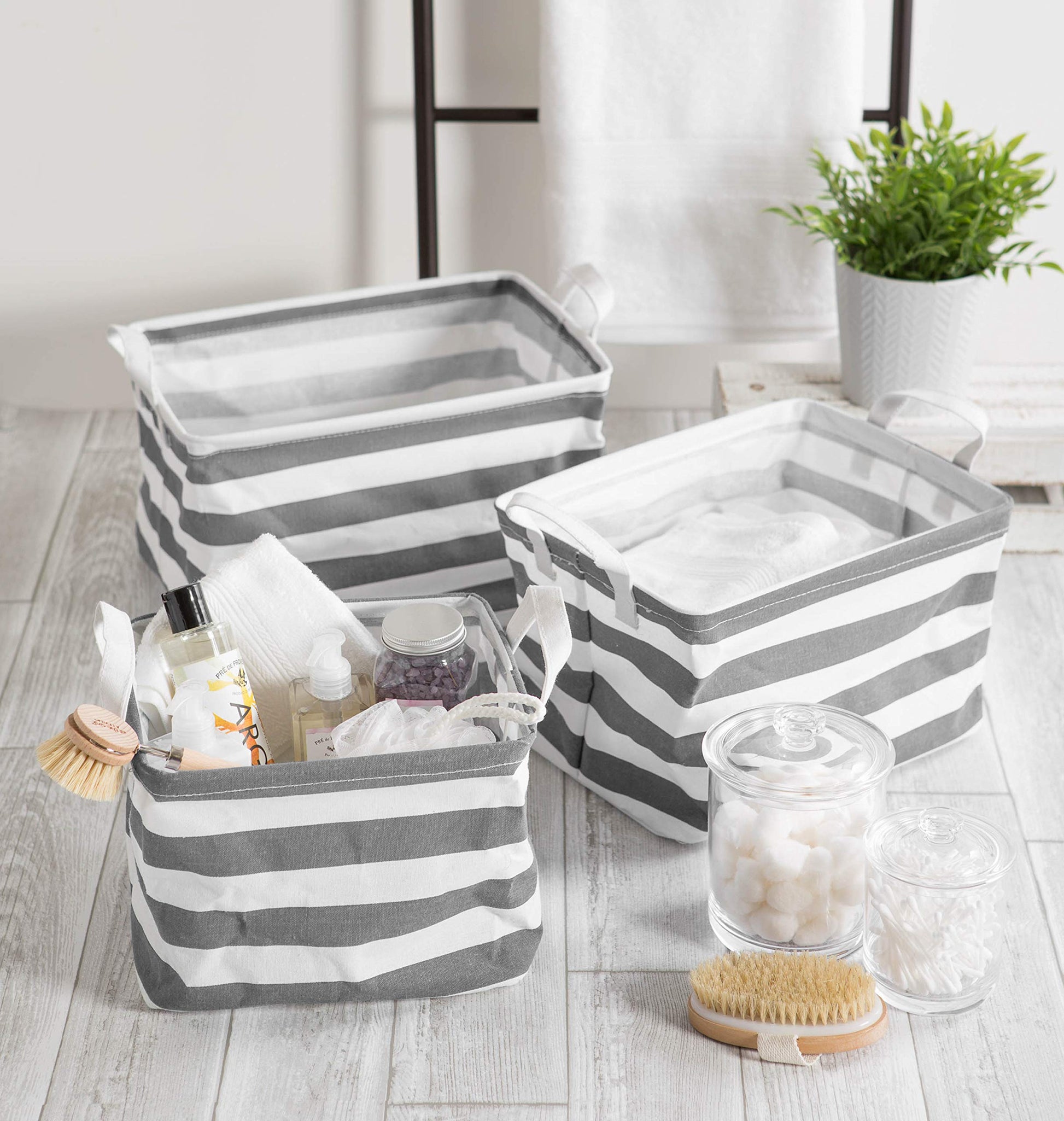 DII Laundry Storage Collection, PE Coated Collapsible Bin with Handles, Gray Stripe, Large Set