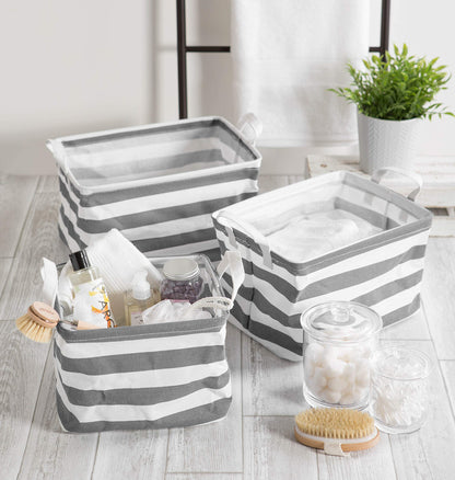 DII Laundry Storage Collection, PE Coated Collapsible Bin with Handles, Gray Stripe, Large Set