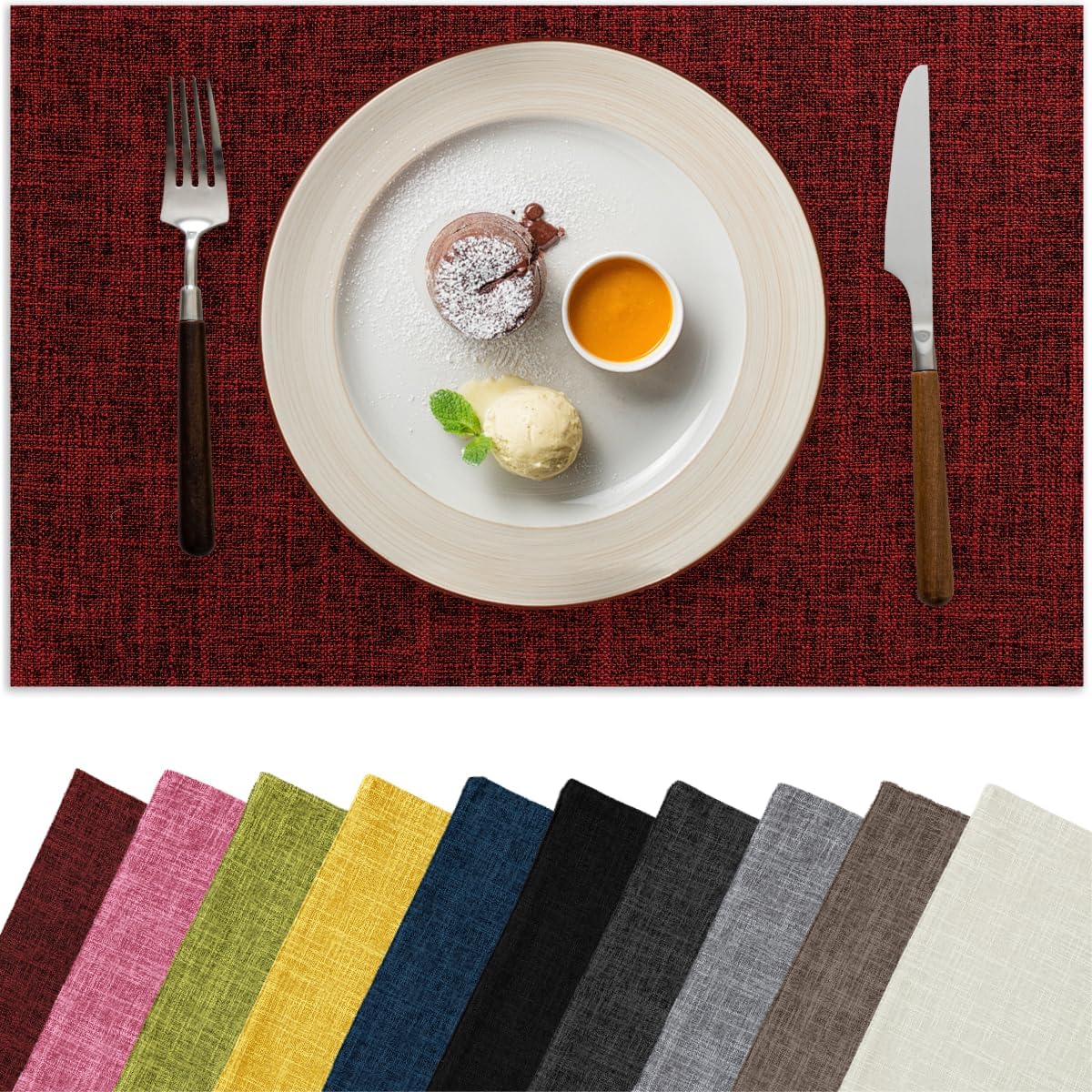 Christmas Placemats Set of 8, Bilayer Thickened Linen Place Mats Heat Resistant Machine Washable Wrinkle Free Carefully Selected Polyester Mats for Kitchen/Dining/Coffee Table (Deep Red)