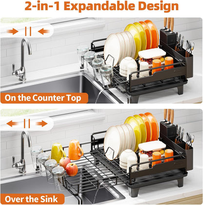 Extendable Dish Drying Rack, Multifunction Dish Rack for Kitchen Counter, Expandable Dish Drainer Over Sink, Large Dish Strainer with Cups Holder, 1 Tier Black