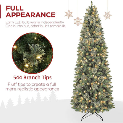 Hykolity 6 ft Prelit Pencil Slim Christmas Tree with 200 Warm White LED Lights, 544 PVC Branch Tips, Metal Stand and Hinged Branches