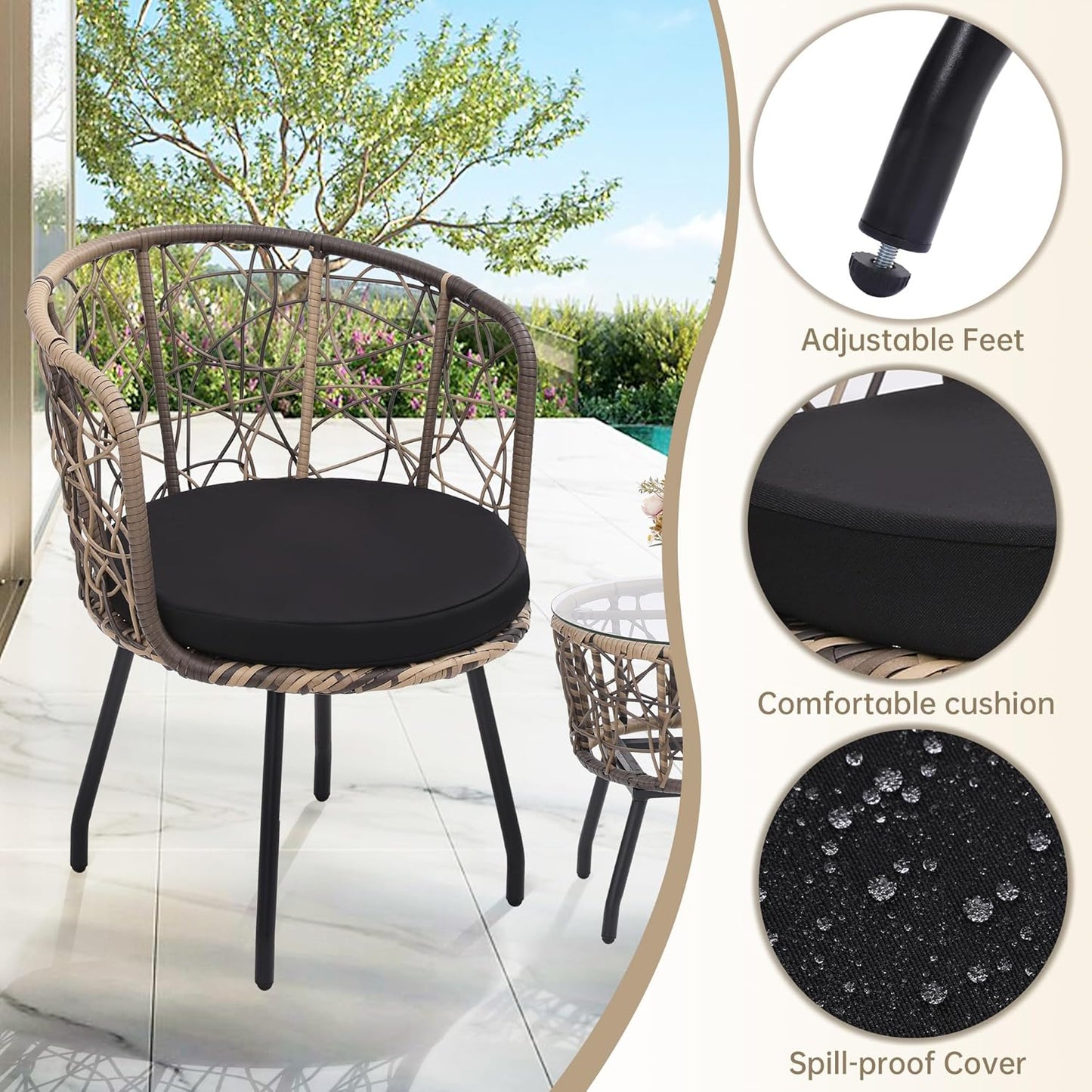 Kromax 3 Piece Bistro Set, Modern Outdoor Wicker Patio Furniture with Tempered Glass Table Top and 2 Chairs, Washable Cushions, Natural Rattan and Black Cushion