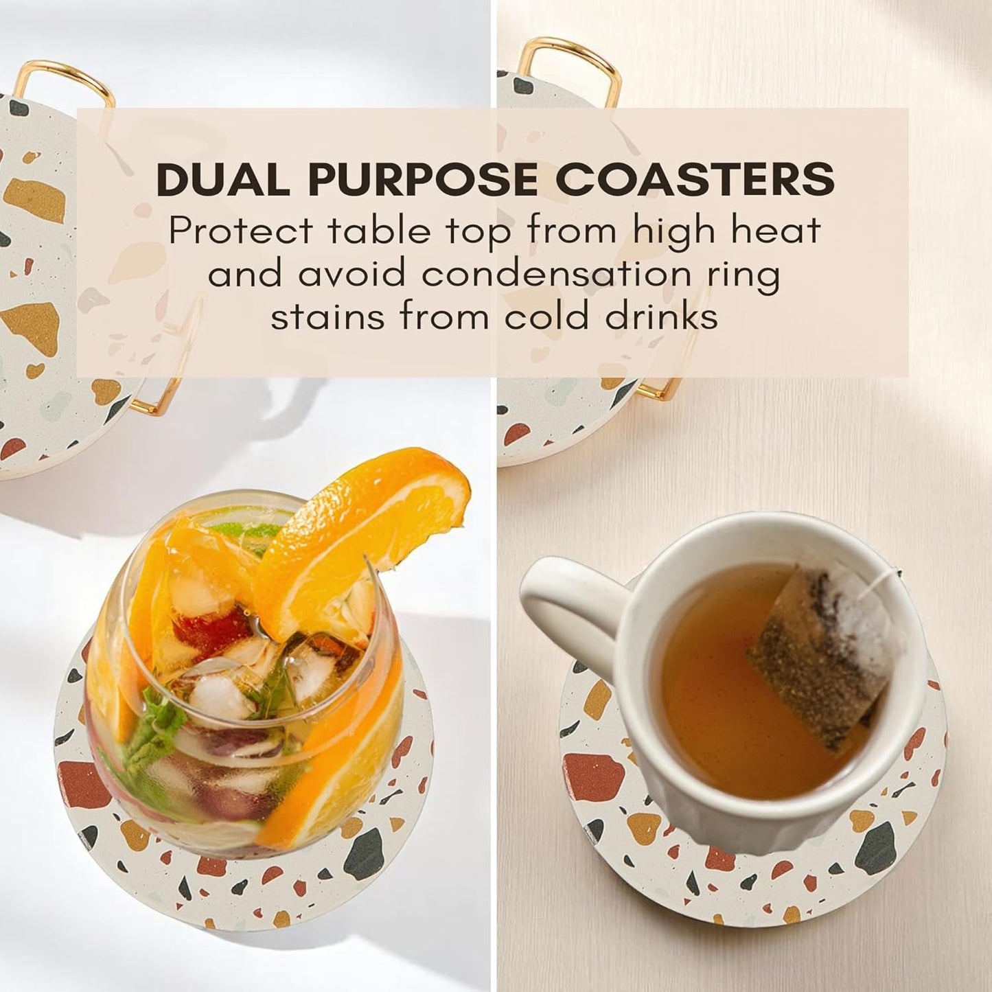 Terrazzo Drink Absorbent Coasters with Holder Set of 6, Ceramic Coaster for Drinks, Coffee Table Decor, Water Absorbing Stone Coaster for Drinks (Sunset)