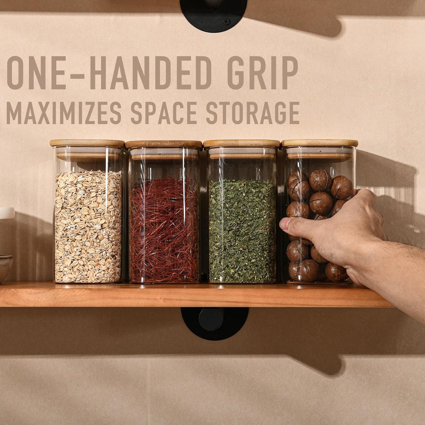 37oz Rectangle Airtight Glass Storage Containers with Bamboo Lids (Set of 6), Square Food Storage Jar, Pantry Organizers for Cereal, Nuts, Snacks and Coffee beans (‎with Black Lable)