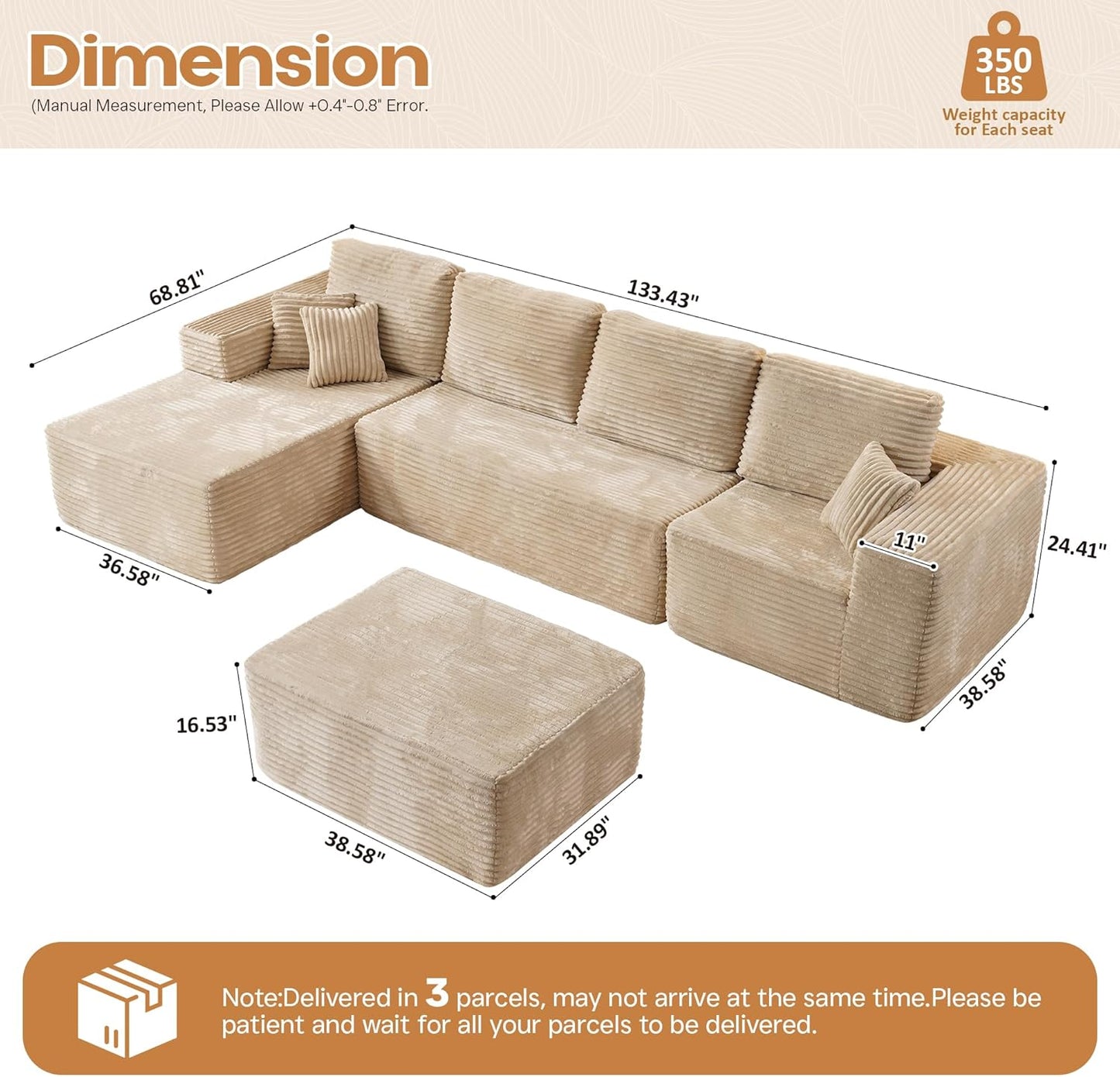 Cloud Sectional Couches for Living Room,U Shaped Modular Sofas No Assembly,133x68 Inches Plush Corduroy Oversized Floor Couch Set with Deep Seat Chaise,Beige