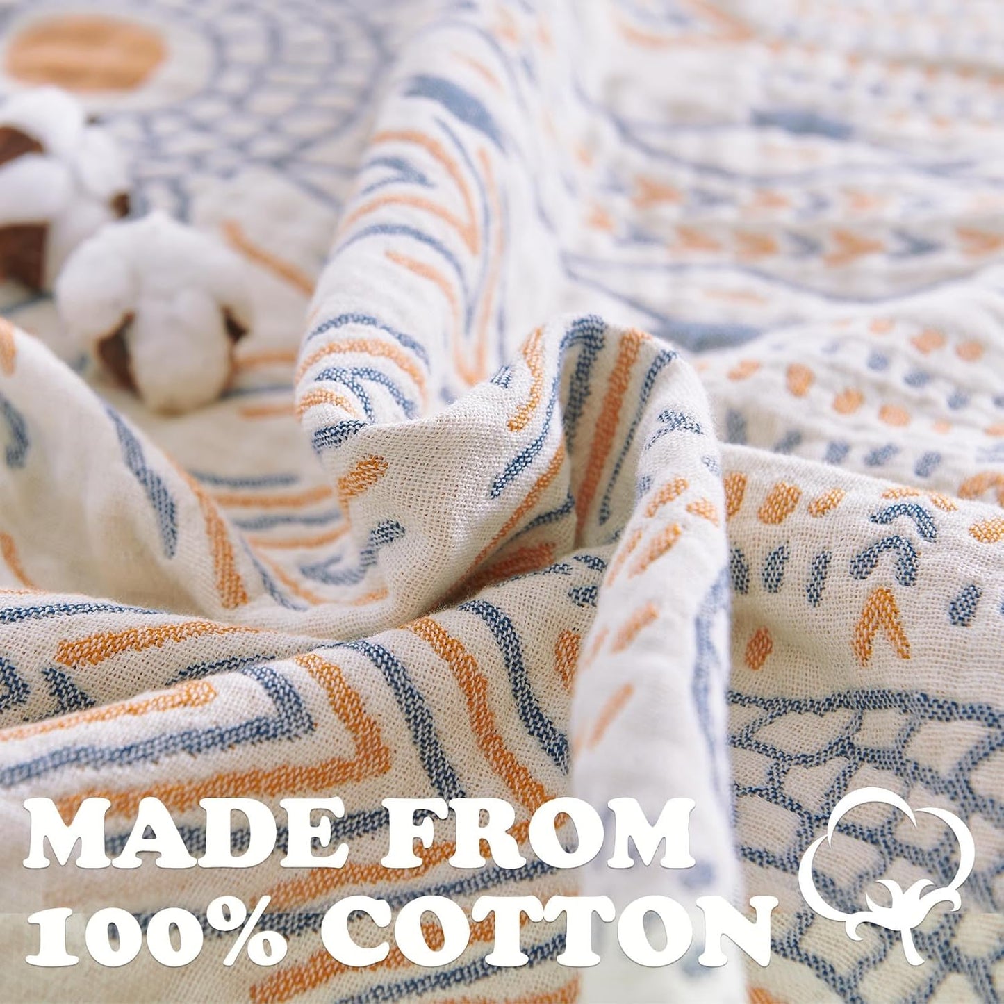 jinchan Boho 100% Cotton Muslin 50x60 Throw Blanket Lightweight 4-Layer Orange Multi Reversible Blanket Washable Breathable Decorative Geometric Striped Pattern Soft Comfy for Couch Bed All Seasons