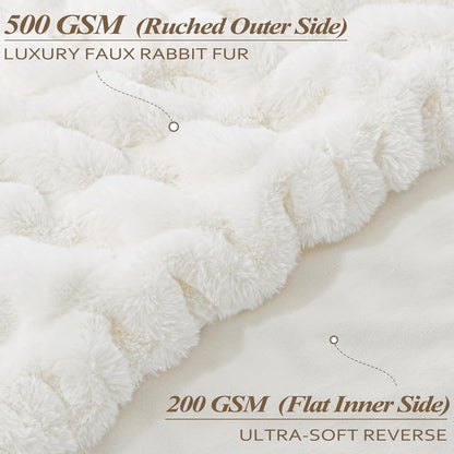 Touchat Ruched Faux Rabbit Fur Blanket, 700 GSM Luxury Dual-Sided Soft Cozy Blanket, Fuzzy Fluffy Plush Throw for Bed, Couch and Sofa - 60"x80", Cream White