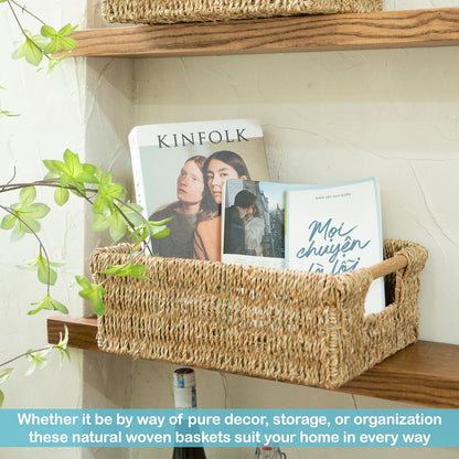 Large Natural Wicker Basket Rectangular with Wooden Handles, Seagrass Storage for Organizing, Shelves 15.5 x 10.6 x 5.5 inches