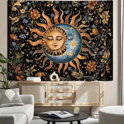 Aipon Sun and Moon Tapestry for Bedroom Boho Vintage Floral Hippie Wall Tapestry Aesthetic Retro Flower Plant Small Tapestries Wall Hanging for Living Room Dorm Decor 48 x 36 Inch