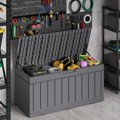 Devoko 80 Gallon Deck Box, Waterproof Resin Outdoor Storage Box for Outside and Patio, Outdoor Storage Bench Lockable for Patio Furniture, Garden Tools and Pool Supplies (Grey, 80 Gallon)