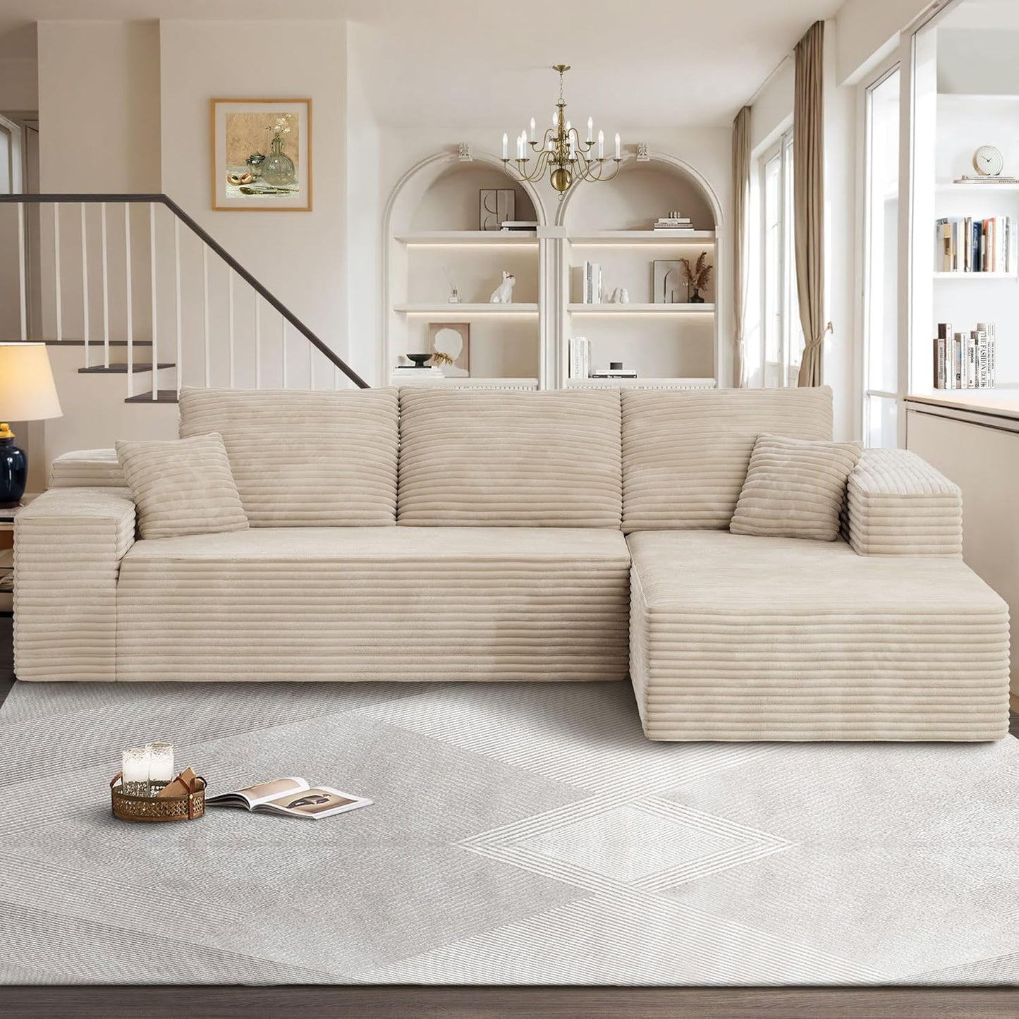 104" Cloudy Sectional L Shaped Couch for Living Room, No Assembly Required, Modular Comfy Sofa with Deep Seat, Fluffy Couch with Sleeper Chaise for Apartment Lounge (Beige)