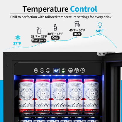 15 Inch Beverage Refrigerator Under Counter - 126 Cans Beverage Fridge with Glass Door for Beer Wine Soda - Built-in or Freestanding Wine Cooler with Safety Lock for Home Kitchen Bar