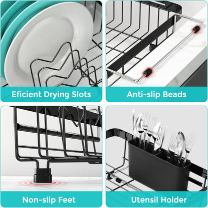 MAJALiS Dish Drying Rack in Sink -Expandable Stainless Steel Over Sink Dish Rack (11.3''-17''), Adjustable Capacity Dish Strainers for Kitchen Sink Counter with Utensil Holder, Black