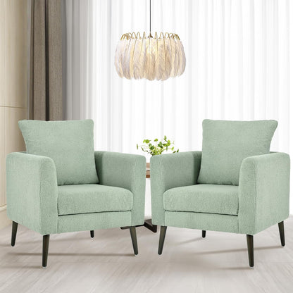 Barrel Accent Chair Set of 2 with Back Pillow, Large Teddy Upholstered Armchair with Solid Wood Legs Modern Reading Chairs for Living Room Bedroom