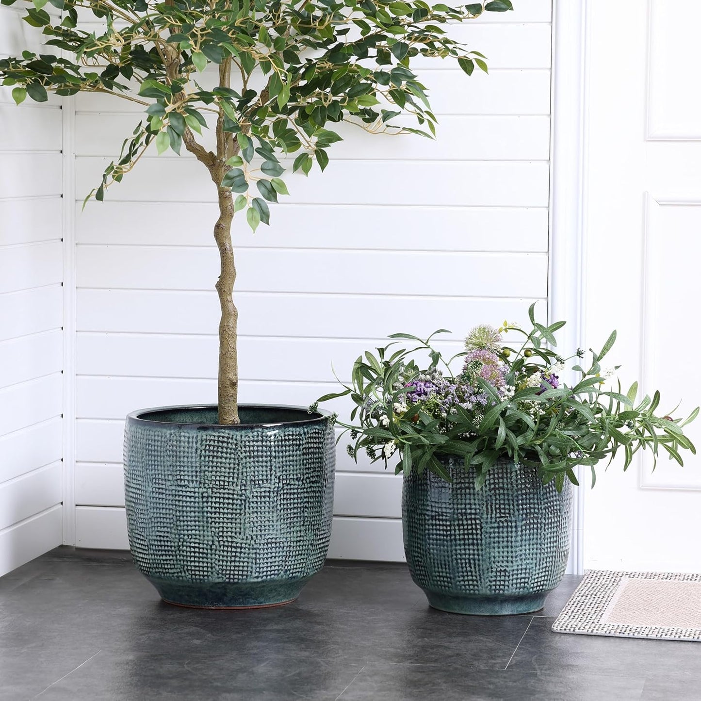 LuxenHome 12" Dia Large Ceramic Pots for Plants, Modern Green Glazed Planters for Outdoor Plants, Round Indoor Flower Pots with Drainage Hole and Rubber Plug for Home Garden Patio