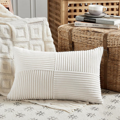 Fancy Homi 2 Packs Cream White Long Lumbar Decorative Throw Pillow Covers 12x24 Inch for Couch Bed Sofa, Rustic Farmhouse Boho Home Decor, Soft Striped Corduroy Rectangle Accent Cushion Case 30x60 cm