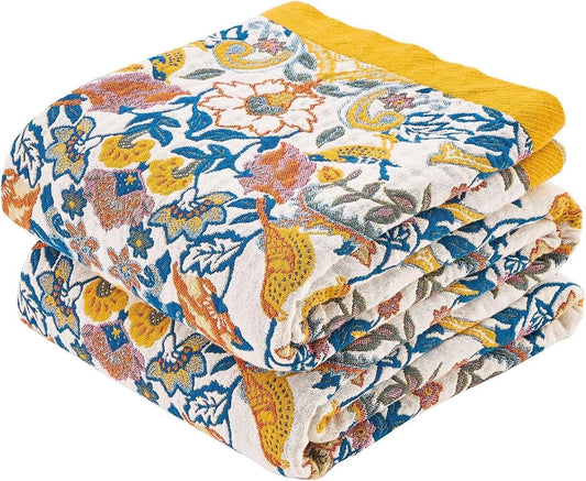 Boho Blanket Throw Quilt, 100% Cotton Soft Light Weight Throw Blankets for Summer, 60"x80" Farmhouse Flower Decorative Blankets, All Season Rustic Reversible Bohemian Throw Quilt