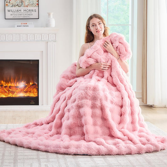 Lotus Karen Faux Fur Throw Blanket Pink - Big Bubble Rabbit Fluff Blanket for Couch, Large Fluffy Fuzzy Cozy Blanket,Thick Furry Plush Shaggy Blankets,108x90 Inches